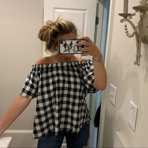 Cherish off the shoulder b&w plaid top